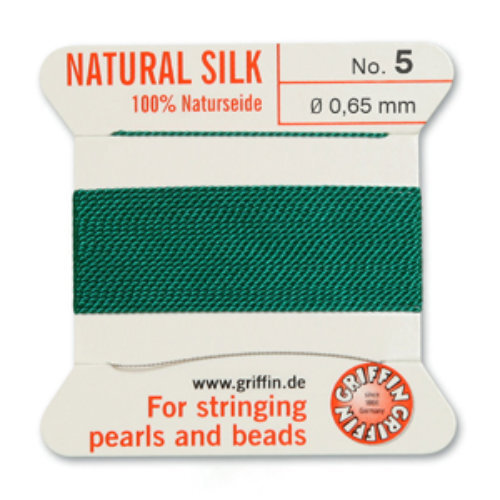No 5 - 0.65mm - Green Carded Bead Cord 100% Natural Silk 