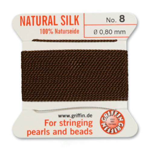 No 8 - 0.80mm - Brown Carded Bead Cord 100% Natural Silk 