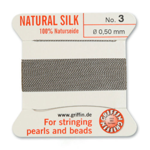 No 3 - 0.50mm - Grey Carded Bead Cord 100% Natural Silk 