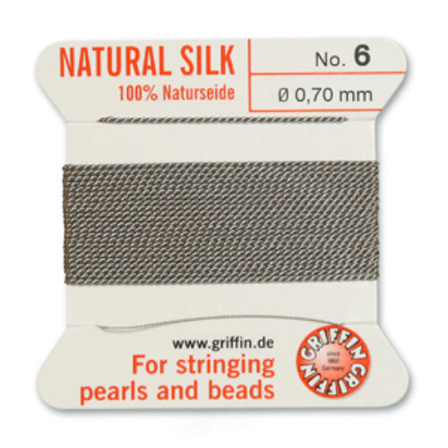No 6 - 0.70mm - Grey Carded Bead Cord 100% Natural Silk 