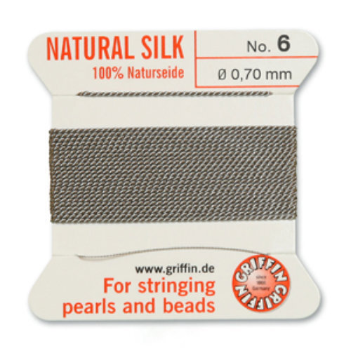 No 6 - 0.70mm - Grey Carded Bead Cord 100% Natural Silk 