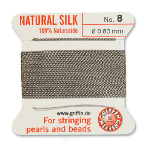 No 8 - 0.80mm - Grey Carded Bead Cord 100% Natural Silk 