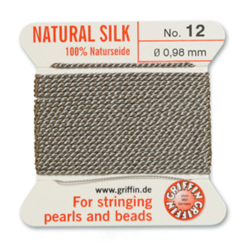 No 12 - 0.98mm - Grey Carded Bead Cord 100% Natural Silk 