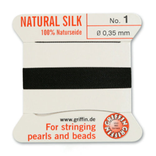No 1 - 0.35mm - Black Carded Bead Cord 100% Natural Silk 