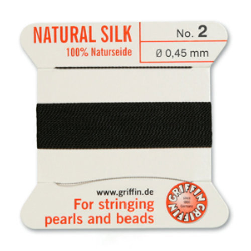 No 2 - 0.45mm - Black Carded Bead Cord 100% Natural Silk 