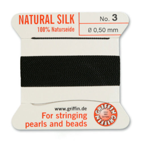 No 3 - 0.50mm - Black Carded Bead Cord 100% Natural Silk 