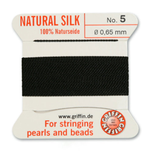 No 5 - 0.65mm - Black Carded Bead Cord 100% Natural Silk 