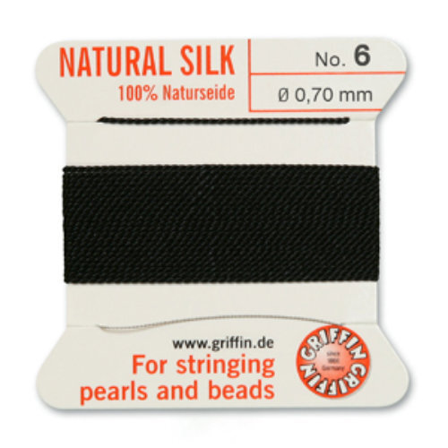 No 6 - 0.70mm - Black Carded Bead Cord 100% Natural Silk 