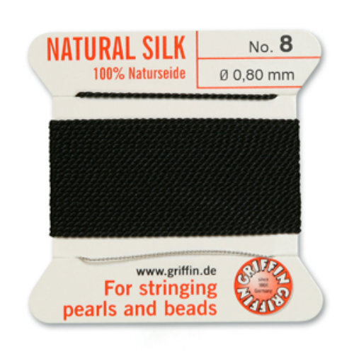 No 8 - 0.80mm - Black Carded Bead Cord 100% Natural Silk 