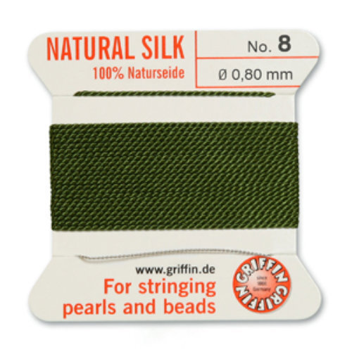 No 8 - 0.80mm - Olive Carded Bead Cord 100% Natural Silk 
