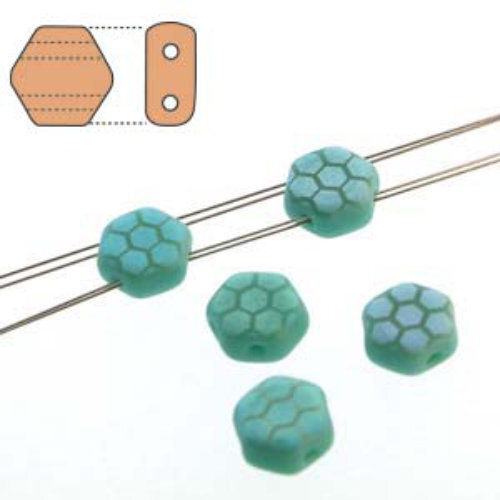 Honeycomb 6mm - HC0663130-28773HC - Matte Opaque Green Turquoise Luster Azuro Laser Core - 30 Bead Strand