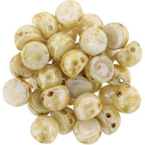 7mm Cabochon 2 Hole - Opaque Luster Alabaster Picasso - CAB07-65401WH - 100gm Bag