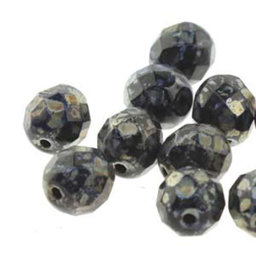 6mm Jet Picasso Round Faceted Beads, 25 Bead Strand - 6-FPR0623980-43400