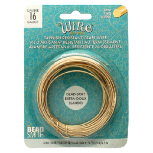 Tarnish Resistant Soft Temper Gold 16 Gauge Round Wire - 15ft / 4.5m Spool - CW16R-GL-15