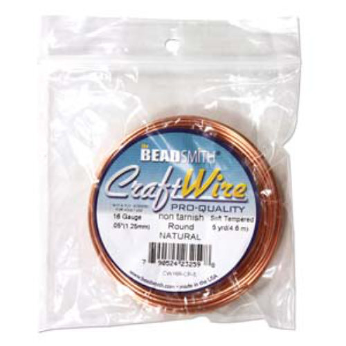 Tarnish Resistant Soft Temper Natural Copper 16 Gauge Round Wire - 5yd / 4.5m Spool - CW16R-CP-5