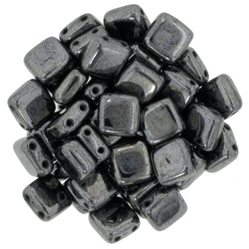 Two Hole Tile 6mm - Jet Hematite - 25 Bead Strand - CZTWN06-14400