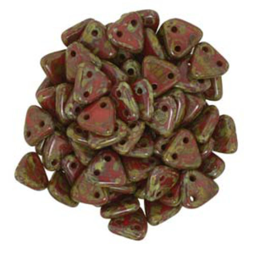 CzechMates 6mm Triangle Beads - 2 Hole - Opaque Red Picasso - TRI06-93200-86800 - 100gm Bag