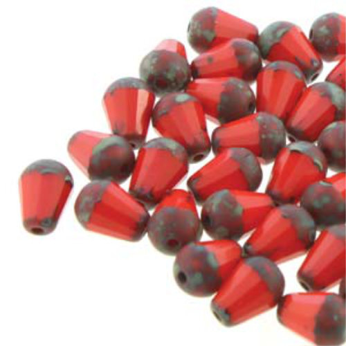 8mm x 6mm Cut Fire Polish Drop Bead - Red Travertine 93190-86800T - 20 Bead Strand