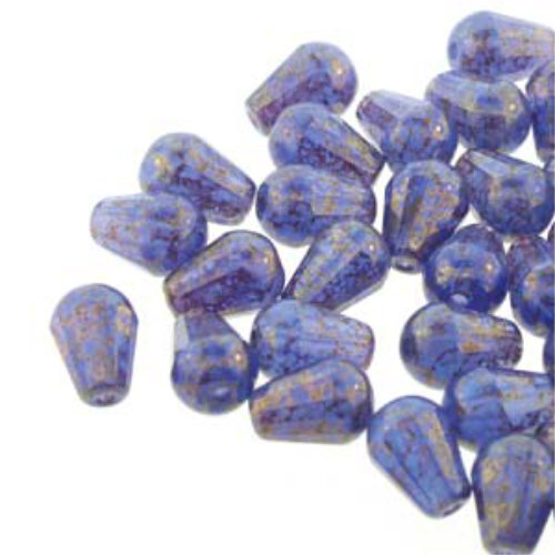 8mm x 6mm Cut Fire Polish Drop Bead - Blue Opal Marble 31010-15496 - 20 Bead Strand
