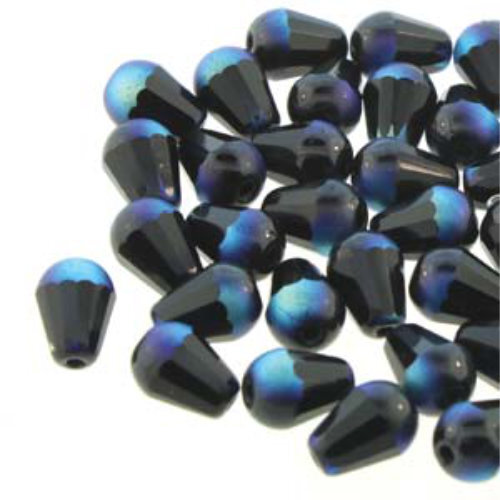 8mm x 6mm Cut Fire Polish Drop Bead - Jet AB 23980-28703T - 20 Bead Strand