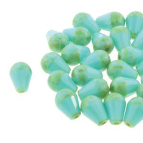 8mm x 6mm Cut Fire Polish Drop Bead - Turquoise Green Travertine 63120-86805T - 20 Bead Strand
