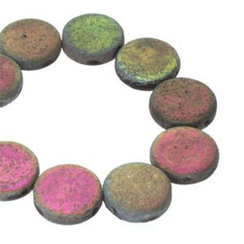 14mm 2 Hole Coin Bead - 10 Bead Strand - Etch - Vitrail - CN14-23980-28183