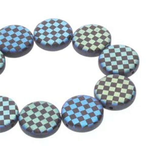 14mm 2 Hole Coin Bead - 10 Bead Strand - Checkered - Black & Matte Jet AB - CN14-23980-28773CB