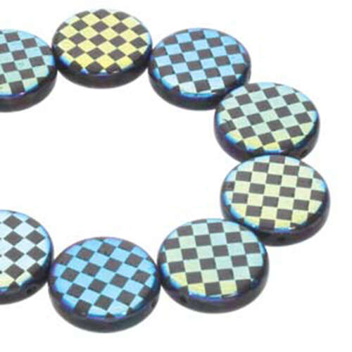 14mm 2 Hole Coin Bead - 10 Bead Strand - Checkered - Black & Jet AB - CN14-23980-28703CB