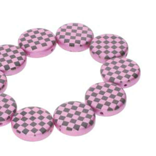 14mm 2 Hole Coin Bead - 10 Bead Strand - Checkered - Black & Pink - CN14-23980-25512CB