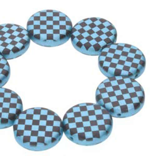 14mm 2 Hole Coin Bead - 10 Bead Strand - Checkered - Black & Turquoise - CN14-23980-25019CB