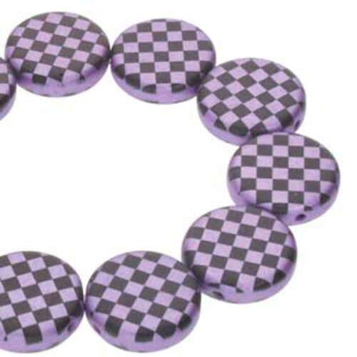 14mm 2 Hole Coin Bead - 10 Bead Strand - Checkered - Black & Violet - CN14-23980-25012CB