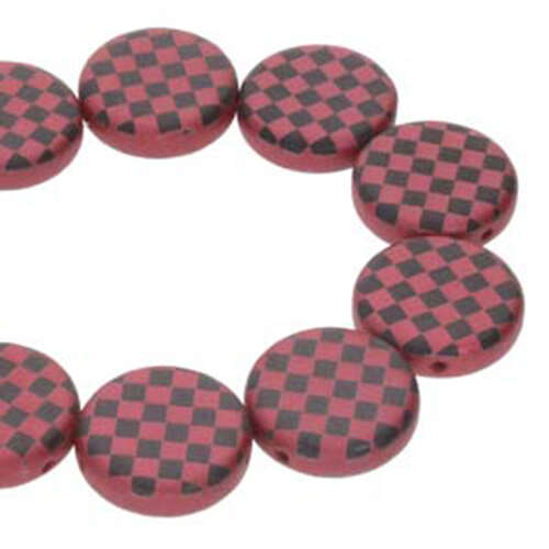14mm 2 Hole Coin Bead - 10 Bead Strand - Checkered - Black & Red - CN14-23980-25009CB