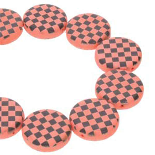 14mm 2 Hole Coin Bead - 10 Bead Strand - Checkered - Black & Orange - CN14-23980-29577CB