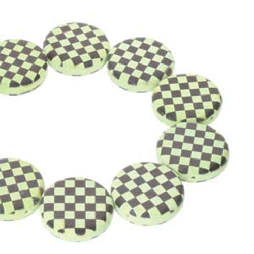 14mm 2 Hole Coin Bead - 10 Bead Strand - Checkered - Black & Green - CN14-23980-295GRCB
