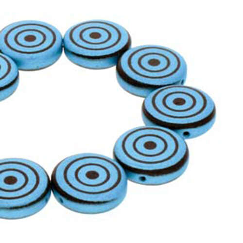 14mm 2 Hole Coin Bead - 10 Bead Strand - Target - Black & Turquoise - CN14-23980-25019DB