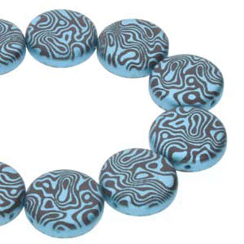 14mm 2 Hole Coin Bead - 10 Bead Strand - Contour - Black & Turquoise - CN14-23980-25019CL