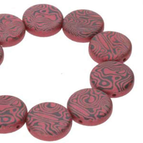 14mm 2 Hole Coin Bead - 10 Bead Strand - Contour - Black & Red - CN14-23980-25009CL