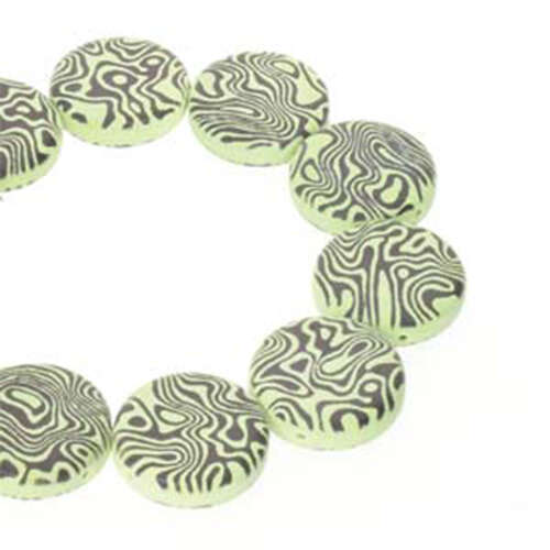 14mm 2 Hole Coin Bead - 10 Bead Strand - Contour - Black & Green - CN14-23980-295GRCL