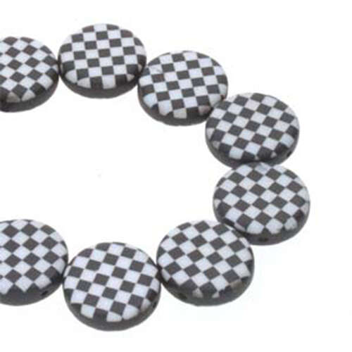 14mm 2 Hole Coin Bead - 10 Bead Strand - Checkered - Black & White - CN14-02010-29572CB
