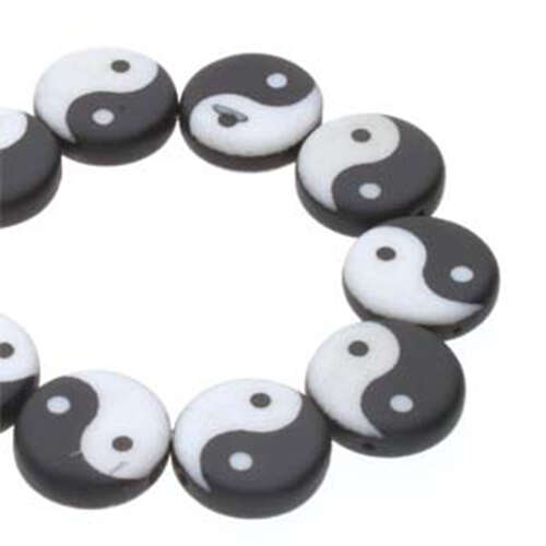14mm 2 Hole Coin Bead - 10 Bead Strand - Ying Yang - Black & White - CN14-02010-29572YY