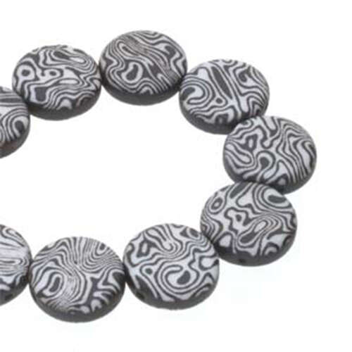 14mm 2 Hole Coin Bead - 10 Bead Strand - Contour - Black & White - CN14-02010-29572CL