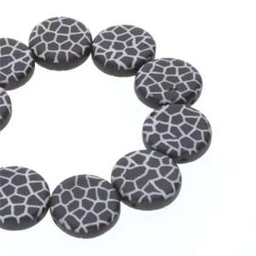 14mm 2 Hole Coin Bead - 10 Bead Strand - Cracked - Black & White - CN14-02010-29572CR