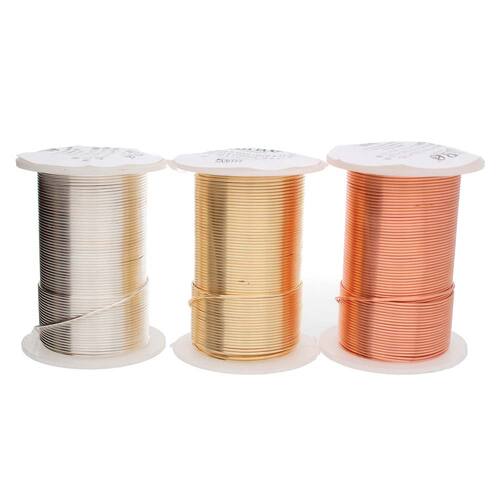 Tarnish Resistant Medium Temper Mix - Gold / Silver / Copper 24 Gauge Round Wire - 30yd / 27m Roll - Box of 12 - NTW24ASST