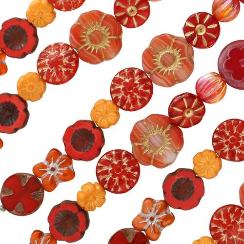 Czech Table Cut Glass Bead Strand - Red Orange Mix - TCMIX-RED-ORNG