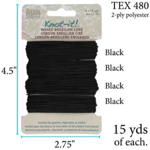 Brazilian 2 Ply Waxed Polyester Cord - PLY04-MIX01 - Black - 60 Yard  Card