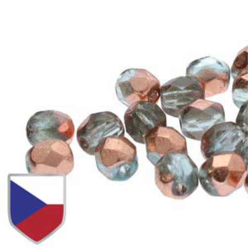 6mm Fire Polish Beads with Czech Shield - Aqua Capri Gold 60020-27101CS - 25 Bead Strand