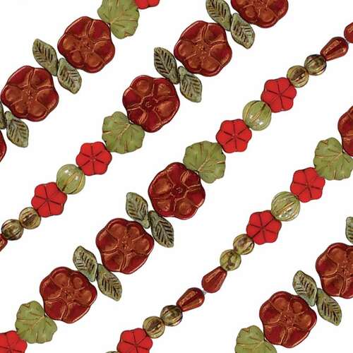 Czech Table Cut Glass Bead Strand - Red Flower Mix - TCMIXB-REDFLO