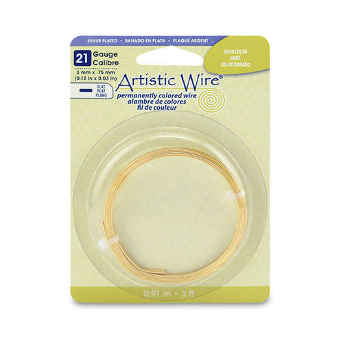 21 Gauge Flat Wire - 3 mm x .75 mm (0.12 in x 0.03 in) - 3 ft (.91 m) - Silver Plated - Gold Colour - AWB-21F-S03-03F
