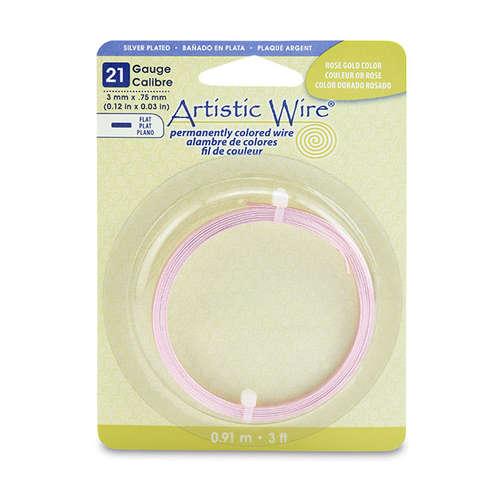 21 Gauge Flat Wire - 3 mm x .75 mm (0.12 in x 0.03 in) - 3 ft (.91 m) - Silver Plated - Rose Gold Colour - AWB-21F-S21-03F