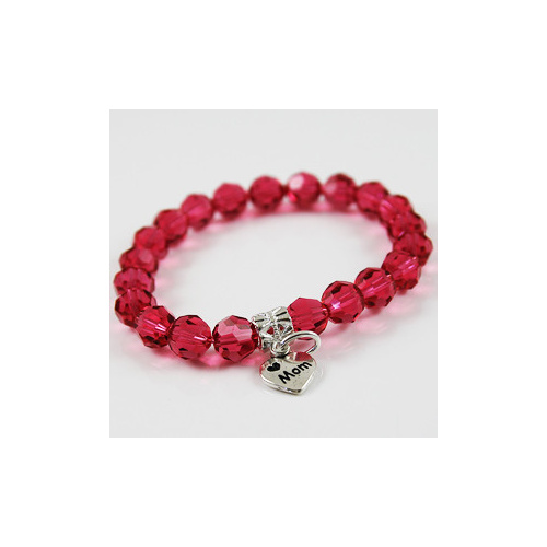 Love Mom Charm Bracelet with Swarovski Round Crystal - Indian Pink